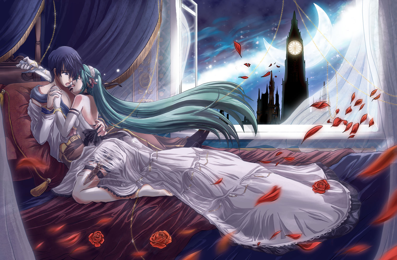 salovesy, cendrillon (toaru majutsu no index), cinderella (fairy tale character), hatsune miku, kaito (vocaloid), cendrillon (vocaloid), cinderella (fairy tale), vocaloid, highres, 1boy, 1girl, aqua eyes, aqua hair, blue eyes, blue hair, choker, cinderella (fairy tale character) (cosplay), clock, clock tower, cosplay, dagger, dress, elbow gloves, french kiss, gloves, hetero, kiss, knife, long hair, moon, petals, rose petals, tears, tongue, tower, twintails, very long hair, weapon
