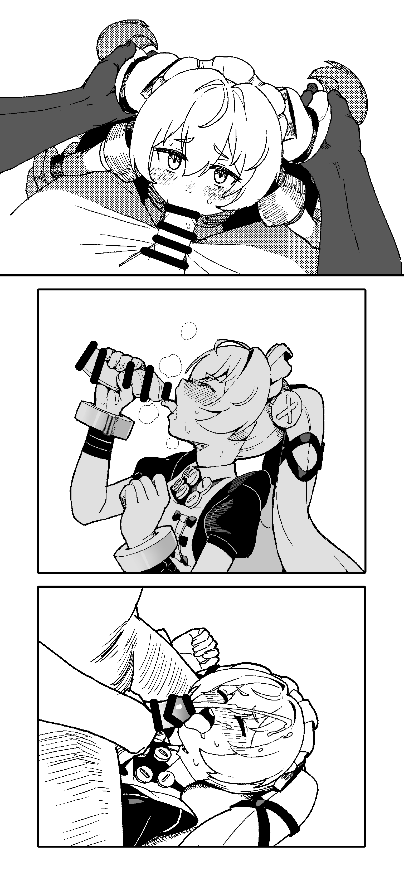 corin wickes, zenless zone zero, absurdres, highres, 1boy, 1girl, apron, bar censor, black dress, blush, censored, cum, cum on body, dress, facial, fellatio, grabbing another's twintails, green hair, greyscale, hair between eyes, hball4944, hetero, licking, licking penis, long hair, looking at viewer, maid, maid headdress, monochrome, open mouth, oral, penis, puffy short sleeves, puffy sleeves, purple eyes, screw hair ornament, short sleeves, twintails
