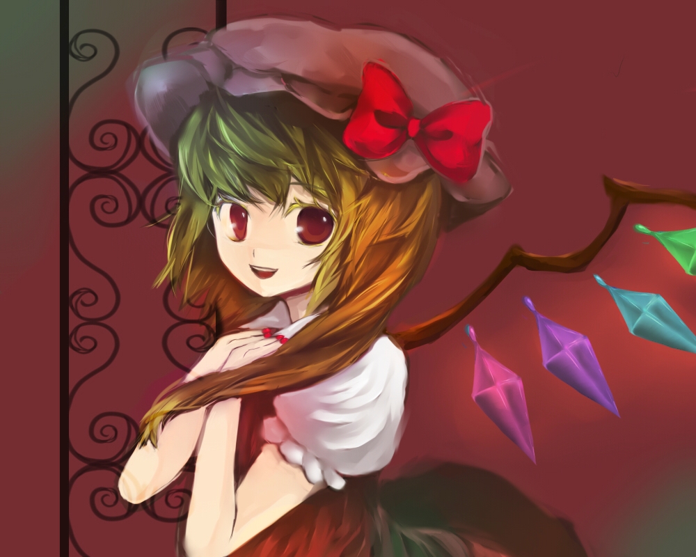 legomaru, flandre scarlet, touhou, bad id, bad pixiv id, 1girl, blonde hair, blouse, female focus, from side, hat, mob cap, ponytail, red background, red eyes, shirt, short hair, solo, standing, upper body, white hat, white shirt, wings