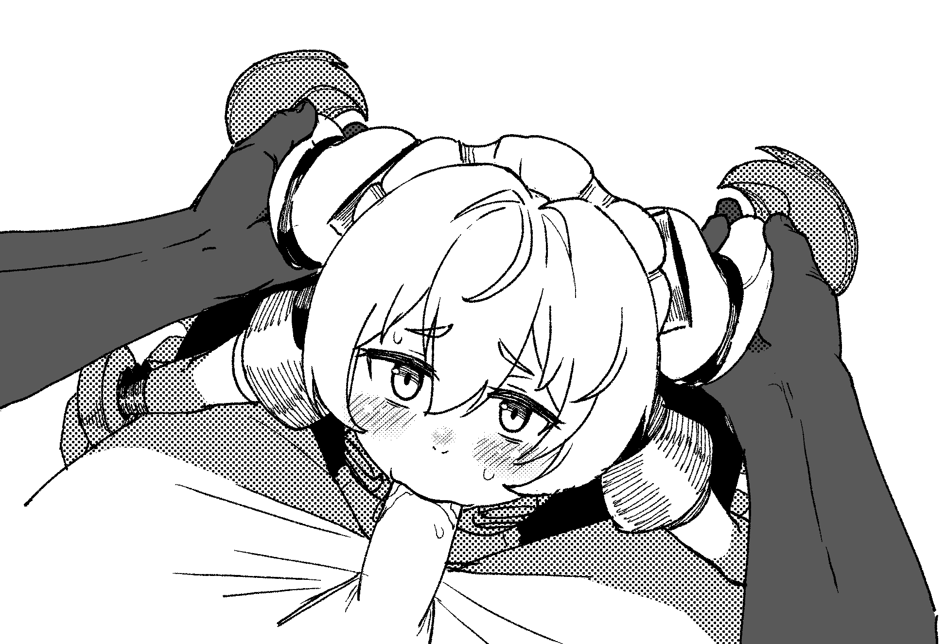 corin wickes, zenless zone zero, highres, 1boy, 1girl, apron, black dress, blush, dress, fellatio, grabbing another's twintails, green hair, greyscale, hair between eyes, hball4944, hetero, long hair, looking at viewer, maid, maid headdress, monochrome, oral, penis, puffy short sleeves, puffy sleeves, purple eyes, screw hair ornament, short sleeves, twintails, uncensored