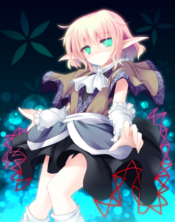 ai takurou, mizuhashi parsee, touhou, 1girl, arm warmers, blonde hair, expressionless, female focus, glowing, glowing eyes, green eyes, neckerchief, pointy ears, short hair, solo
