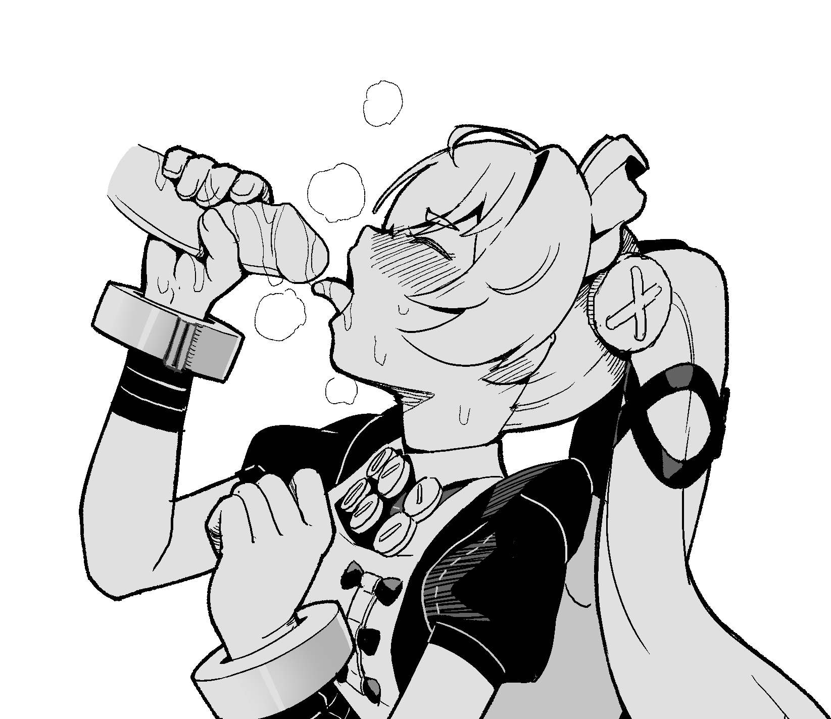 corin wickes, zenless zone zero, highres, 1boy, 1girl, apron, black dress, blush, dress, fellatio, green hair, greyscale, hair between eyes, handjob, hball4944, hetero, licking, licking penis, long hair, maid, maid headdress, monochrome, oral, penis, puffy short sleeves, puffy sleeves, purple eyes, screw hair ornament, short sleeves, twintails, uncensored