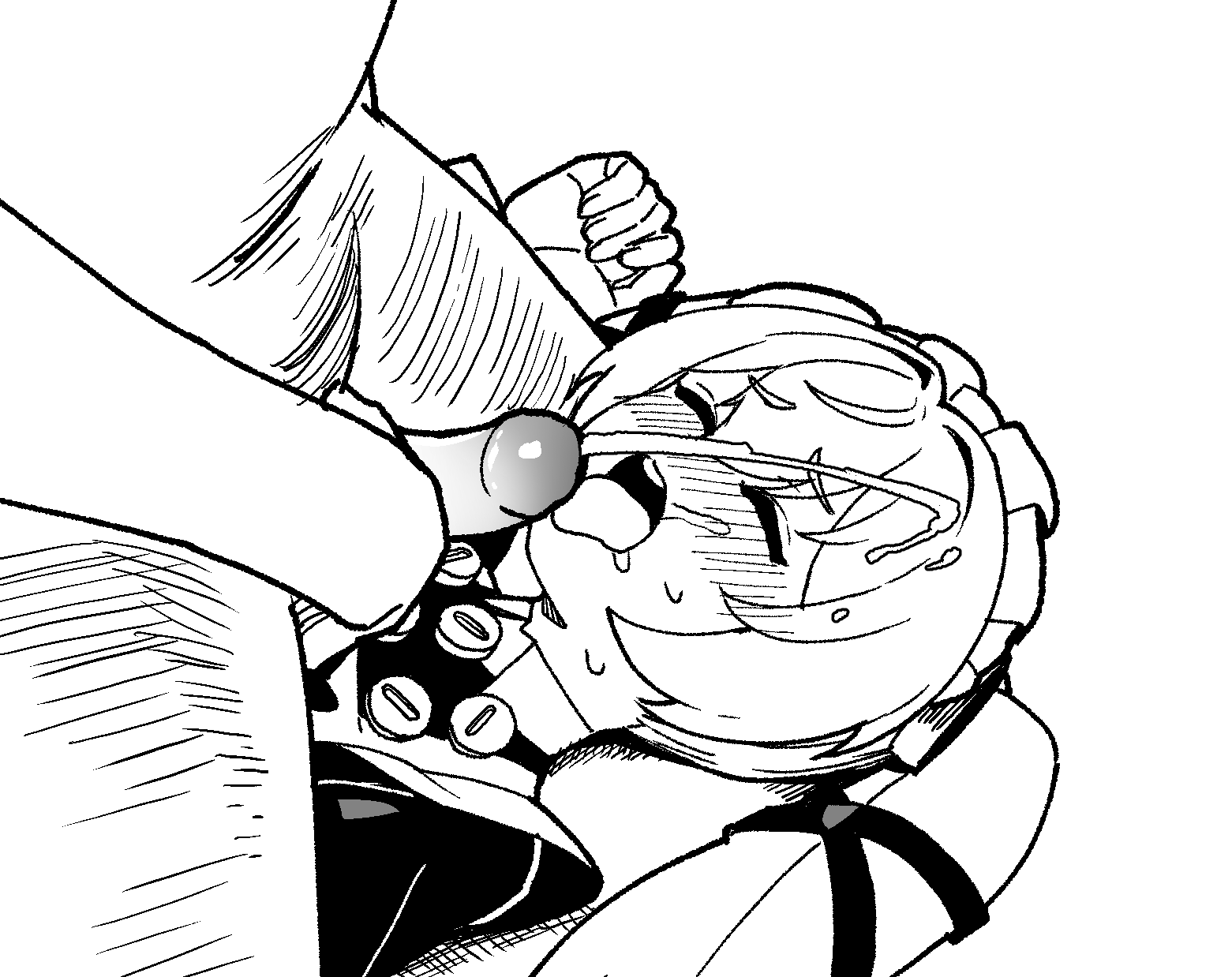 corin wickes, zenless zone zero, highres, 1boy, 1girl, apron, black dress, blush, closed eyes, cum, cum on body, dress, ejaculation, facial, green hair, greyscale, hair between eyes, hball4944, hetero, long hair, maid, maid headdress, monochrome, penis, puffy short sleeves, puffy sleeves, purple eyes, screw hair ornament, short sleeves, twintails, uncensored