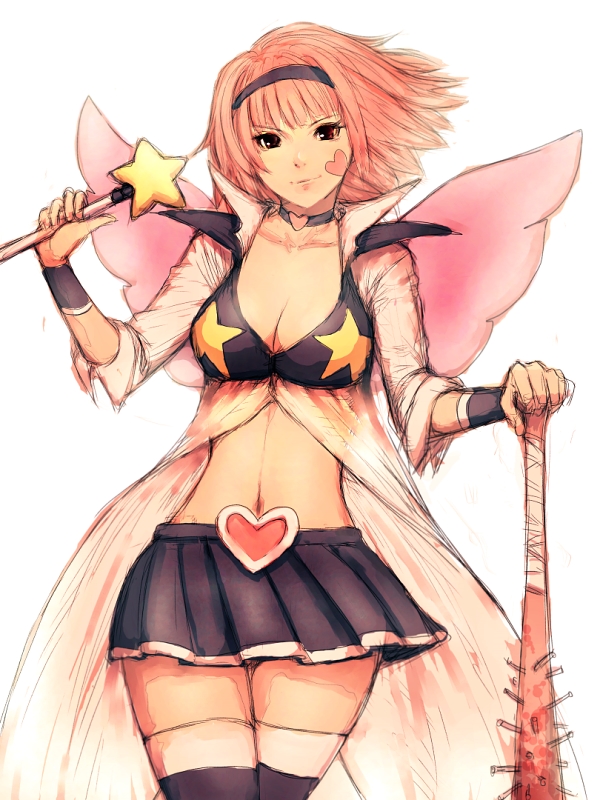 fumio (rsqkr), 1girl, baseball bat, breasts, brown eyes, cleavage, female focus, heart, heart sticker, nail (hardware), nail bat, pink hair, short hair, skirt, solo, sticker, sticker on face, thighhighs, weapon, wings
