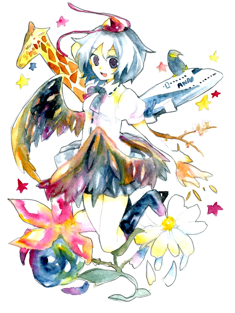 legomaru, shameimaru aya, touhou, bad id, bad pixiv id, highres, painting (medium), traditional media, watercolor (medium), 1girl, aircraft, airplane, bird, black eyes, black hair, black wings, cherry blossoms, female focus, flower, geta, giraffe, hat, looking at viewer, open mouth, short hair, smile, solo, star (symbol), tengu-geta, tokin hat, wings