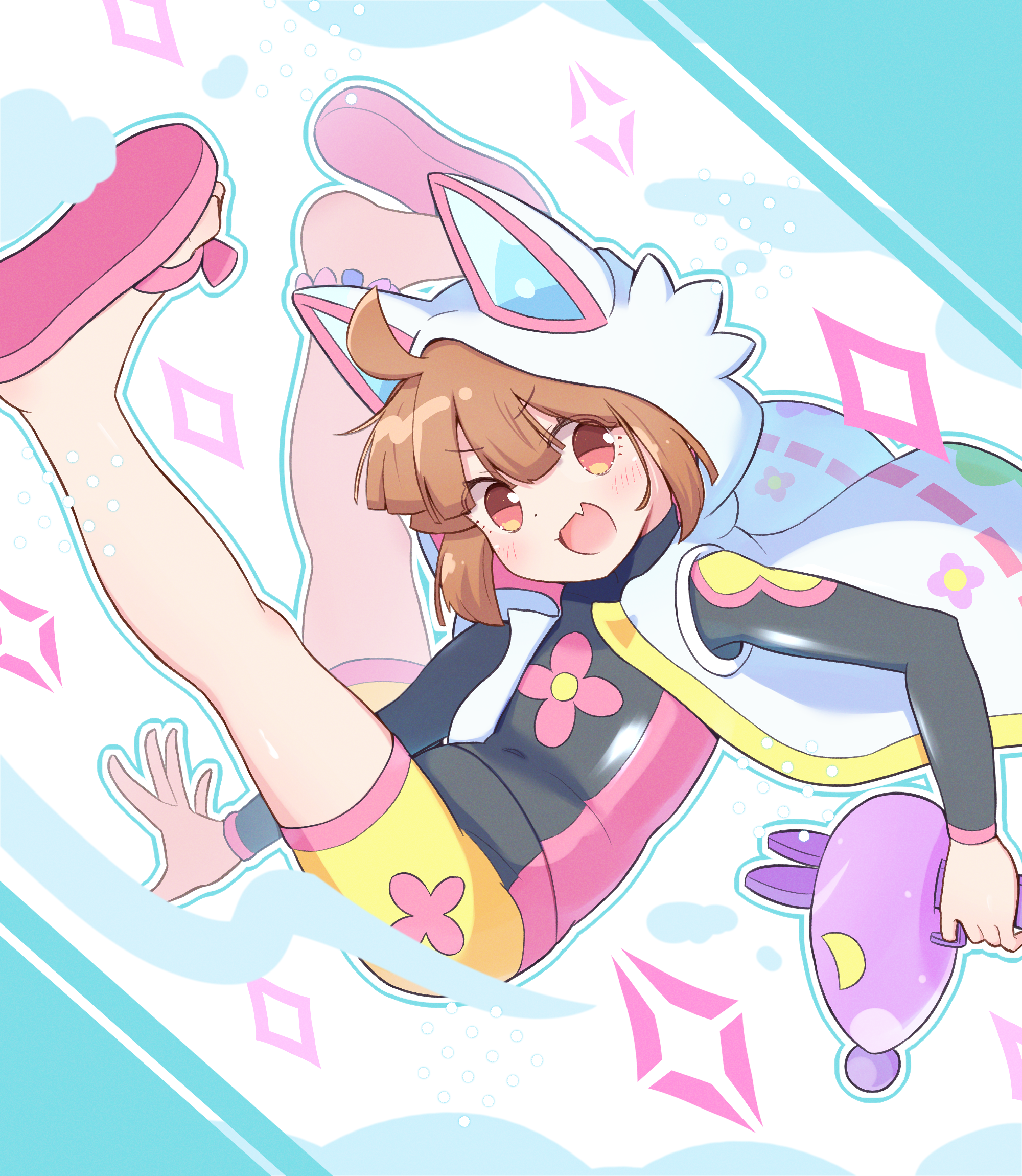 jazz grace, rebecca (puyopuyo quest), atari, puyopuyo, puyopuyo quest, commentary request, highres, 1girl, ahoge, animal ears, arm between legs, blush, bodysuit, brown eyes, brown hair, diamond (shape), diving suit, fang, flower, holding, holding water gun, hood, hoodie, legs up, looking at viewer, lying, multicolored wetsuit, on back, pink flower, sandals, skin fang, solo, water gun, wetsuit, white hoodie, wolf ears