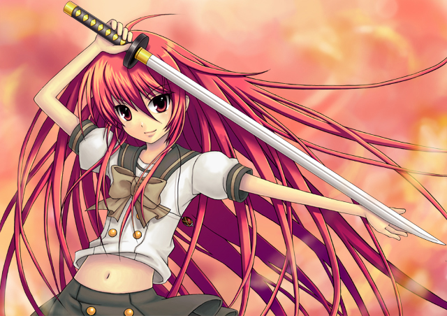 alastor (shakugan no shana), shana, shakugan no shana, 00s, 1girl, female focus, jewelry, long hair, midriff, pendant, red eyes, red hair, school uniform, solo, sword, weapon
