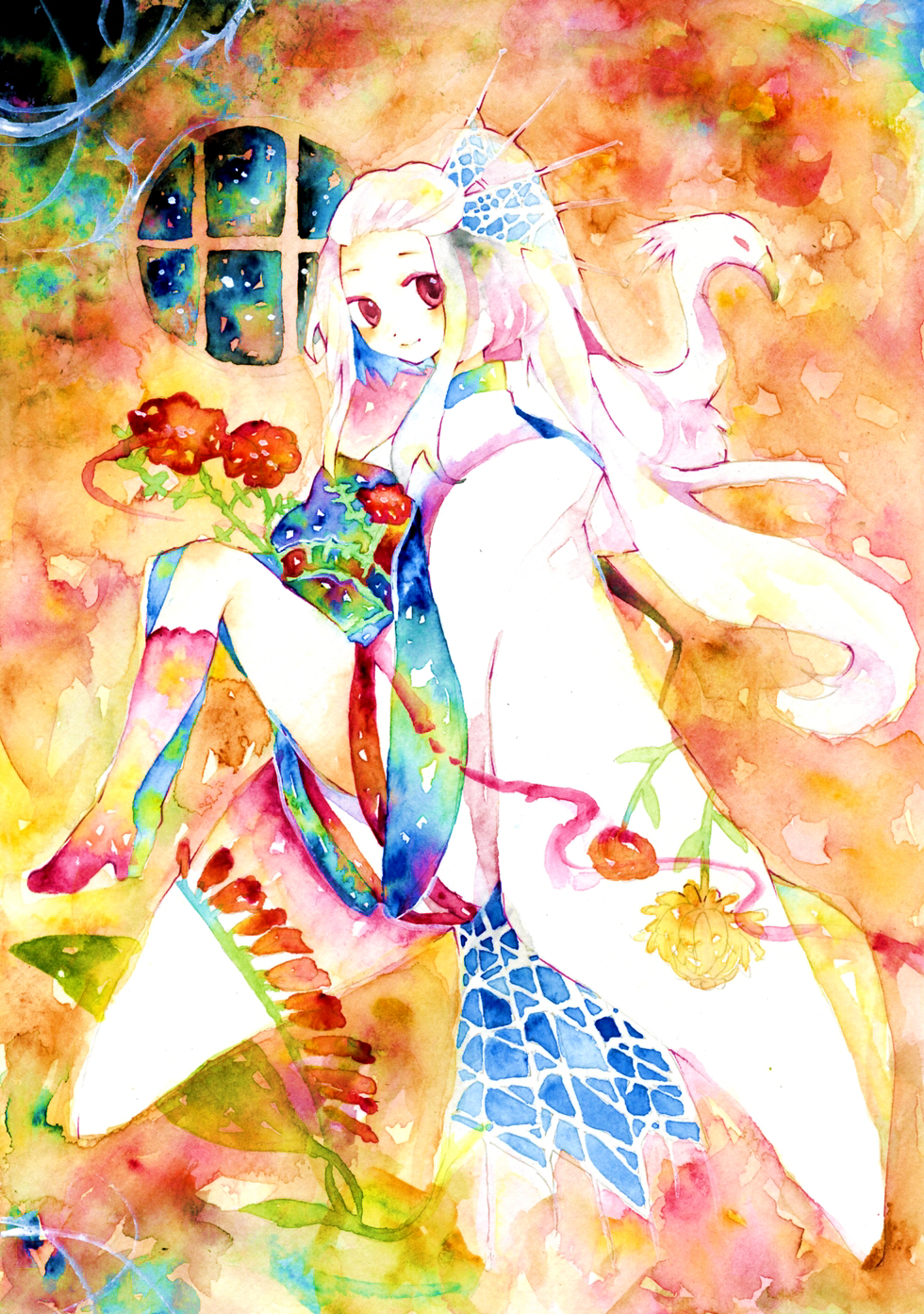legomaru, original, highres, painting (medium), traditional media, watercolor (medium), bird, flower, hair ornament, red eyes, solo, white hair