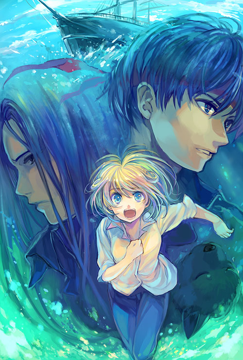 ame yamori, cleo everlastin, leki, orphen, uys els ito egum ed gorgon, majutsushi orphen, bad id, bad pixiv id, 1girl, 2boys, black hair, blonde hair, blue eyes, headband, long hair, multiple boys, open mouth, ship, short hair, watercraft