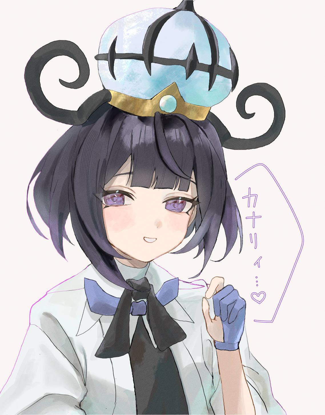 gwynn (pokemon), nintendo, pokemon, pokemon legends: z-a, highres, translation request, 1girl, black dress, black hair, blue gloves, bob cut, coat, dress, gloves, hat, heart, looking at viewer, open clothes, open coat, partially fingerless gloves, purple eyes, purple hair, short hair, smile, solo, srseyo o, upper body, white background, white coat