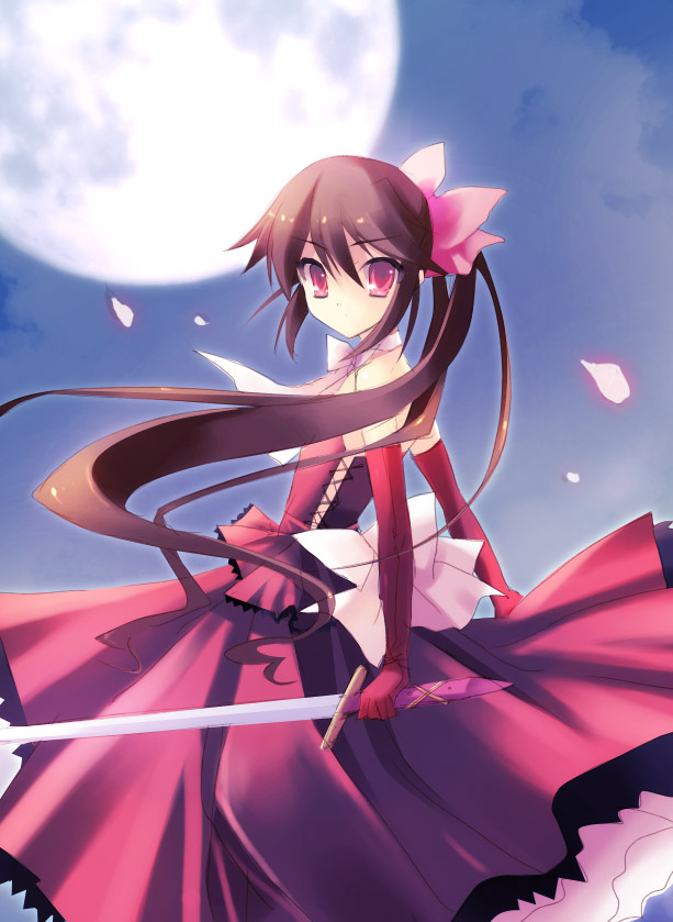 toranosuke, blade, bare shoulders, brown hair, dress, elbow gloves, gloves, long hair, moon, petals, ponytail, red eyes, ribbon, solo, sword, weapon, wind