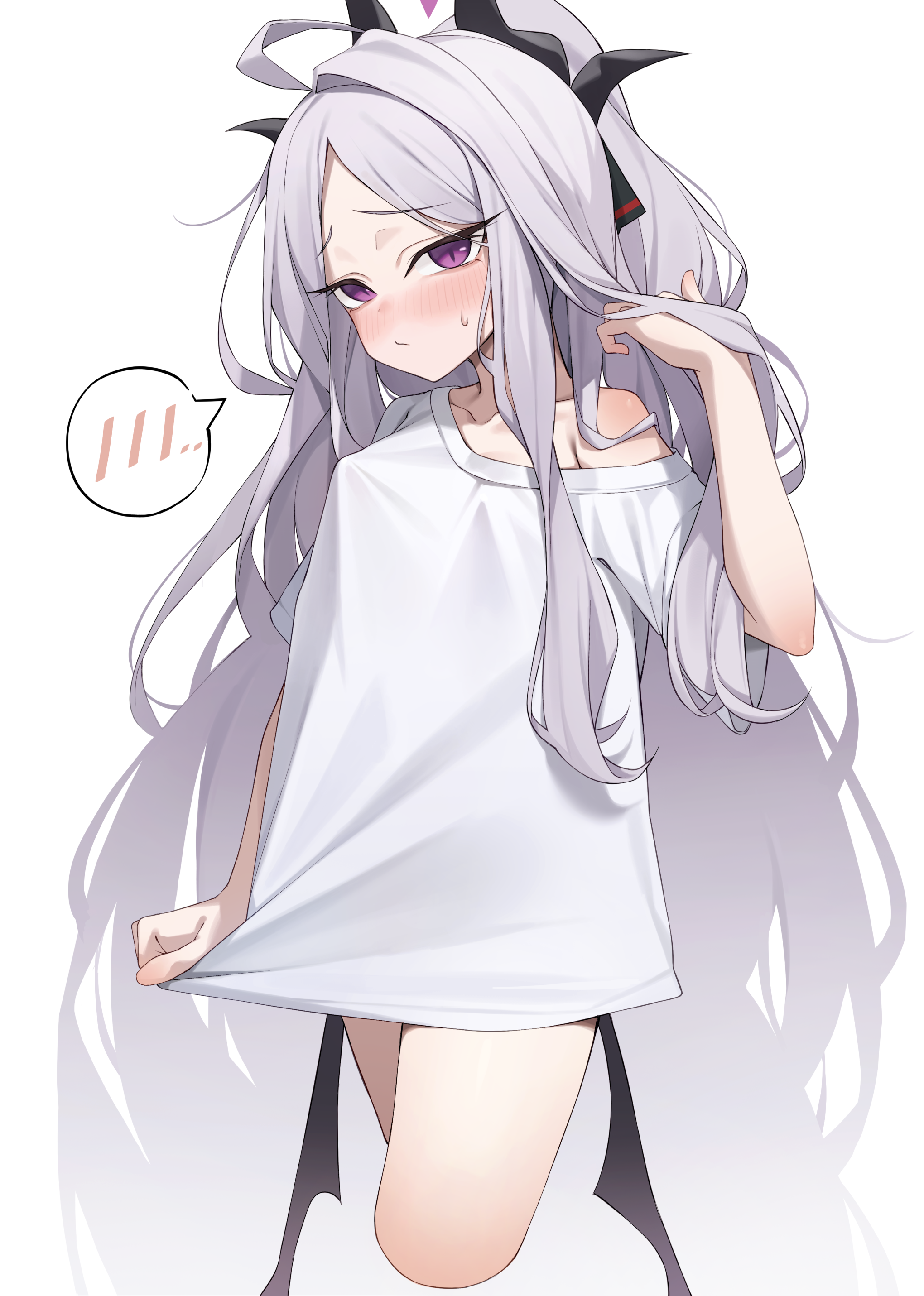 um 111, hina (blue archive), blue archive, absurdres, commentary request, highres, 1girl, ahoge, alternate costume, black horns, closed mouth, grey hair, horns, long hair, looking at viewer, naked shirt, purple eyes, shirt, simple background, solo, spoken blush, white background, white shirt, wings