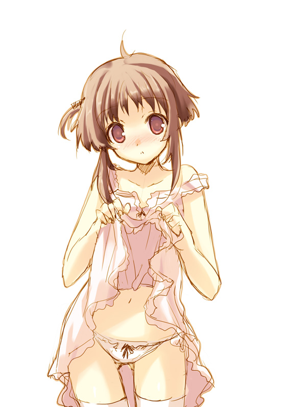 toranosuke, 1girl, blush, bow, bow panties, brown eyes, brown hair, clothes lift, collarbone, dress, dress lift, embarrassed, female focus, navel, panties, solo, thighhighs, underwear, undressing