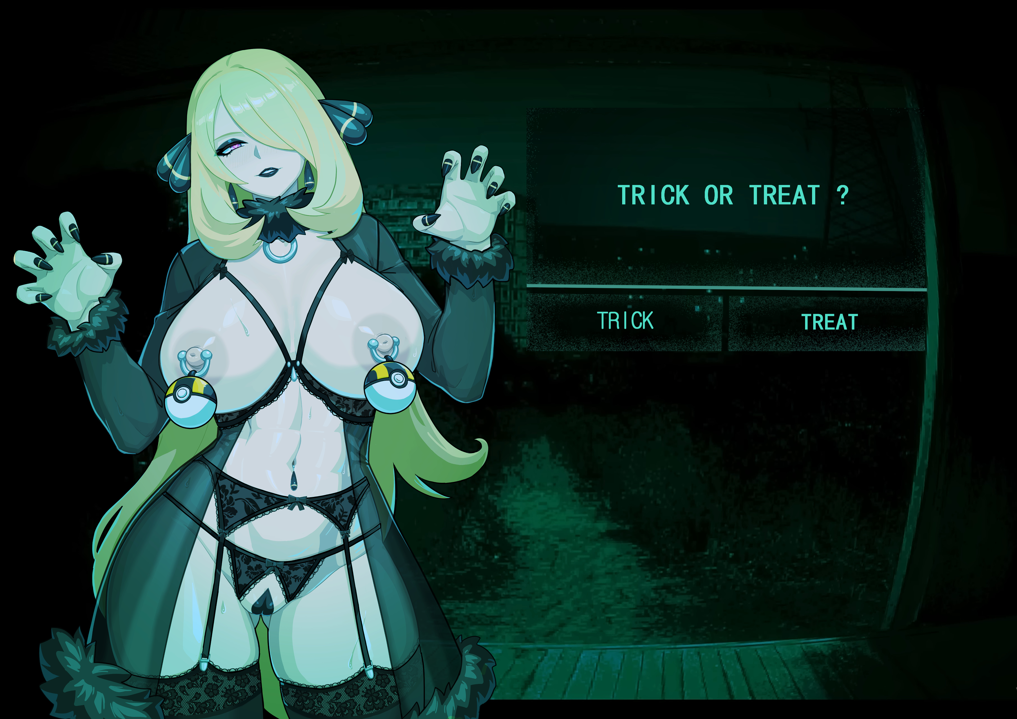 f.b.w, cynthia (pokemon), nintendo, no i'm not a human, pokemon, pokemon dppt, absurdres, commentary, english commentary, highres, paid reward available, 1girl, alternate breast size (larger), black coat, black lips, blonde hair, blush, breasts, breasts apart, breasts out, cameltoe, coat, cowboy shot, dialogue box, english text, eyelashes, eyeliner, fur trim, garter belt, garter straps, gluteal fold, hair ornament, hair over one eye, halloween, hands up, huge breasts, lace trim, large areolae, lingerie, lipstick, long hair, long sleeves, looking at viewer, maebari, makeup, nail polish, navel, navel piercing, night, nipple piercing, nipples, one eye covered, parted lips, piercing, poke ball, see-through clothes, sidelocks, skindentation, thick thighs, thighs, ultra ball, underwear, very long hair