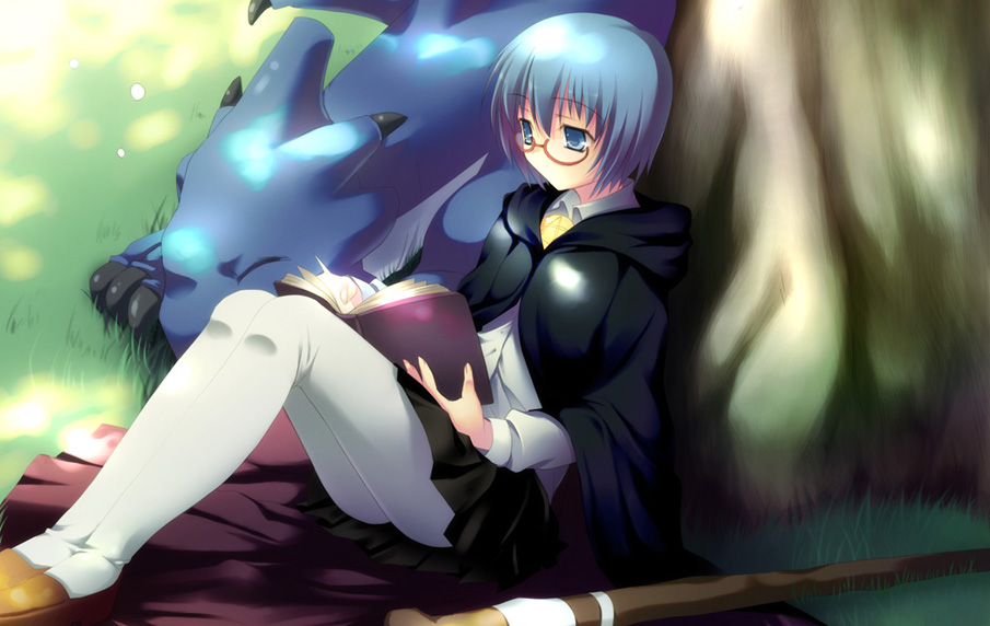 toranosuke, sylpheed, tabitha (zero no tsukaima), zero no tsukaima, spoilers, 00s, 1girl, blue eyes, blue hair, book, cloak, dragon, female focus, glasses, grass, matching hair/eyes, open book, pantyhose, reading, short hair, solo, staff, white pantyhose
