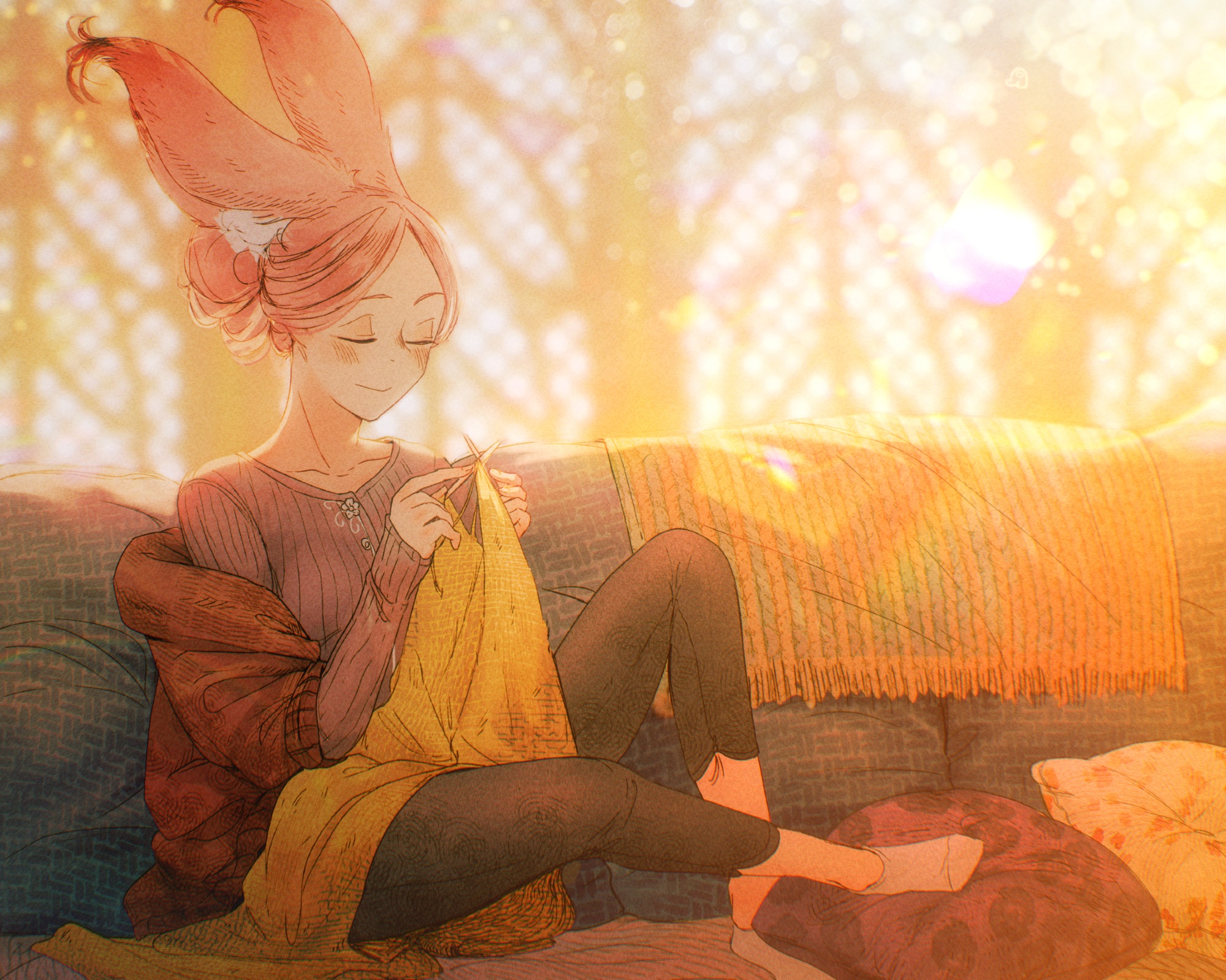 spindle (aidenr0), felt (spindle (aidenr0)), original, alt text, commentary, english commentary, highres, 1girl, animal ears, black pants, blush, brown cardigan, cardigan, closed eyes, closed mouth, couch, full body, grey socks, hair bun, indoors, knitting, long sleeves, no shoes, off shoulder, on couch, open cardigan, open clothes, pants, pillow, pink hair, purple shirt, rabbit ears, rabbit girl, shirt, single hair bun, sitting, slice of life, smile, socks, solo, warm colored