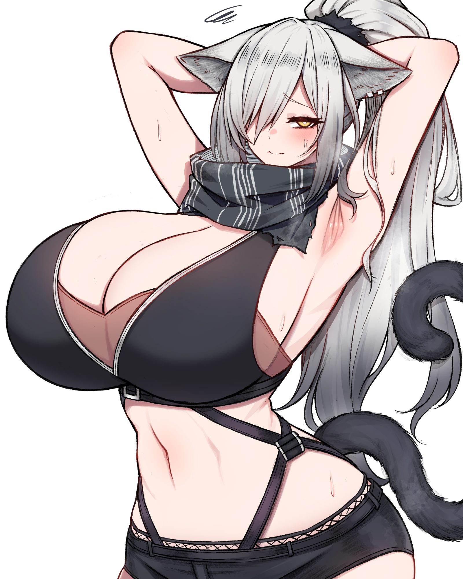 rikuguma, schwarz (arknights), arknights, commentary, highres, 1girl, alternate breast size (larger), animal ear piercing, animal ears, armpits, arms behind back, arms up, bare arms, bare shoulders, belt, bikini, bikini top only, black belt, black bikini, black scarf, black shorts, blush, breasts, bright pupils, cat ears, cat girl, cat tail, chest belt, closed mouth, cowboy shot, grey hair, hair between eyes, half-closed eyes, heavy breathing, high ponytail, huge breasts, long hair, looking at viewer, navel, one eye covered, ponytail, presenting armpit, raised eyebrows, scarf, short shorts, shorts, sideboob, simple background, solo, squiggle, standing, stomach, sweat, swimsuit, tail, tail raised, underbust, white background, white pupils, yellow eyes