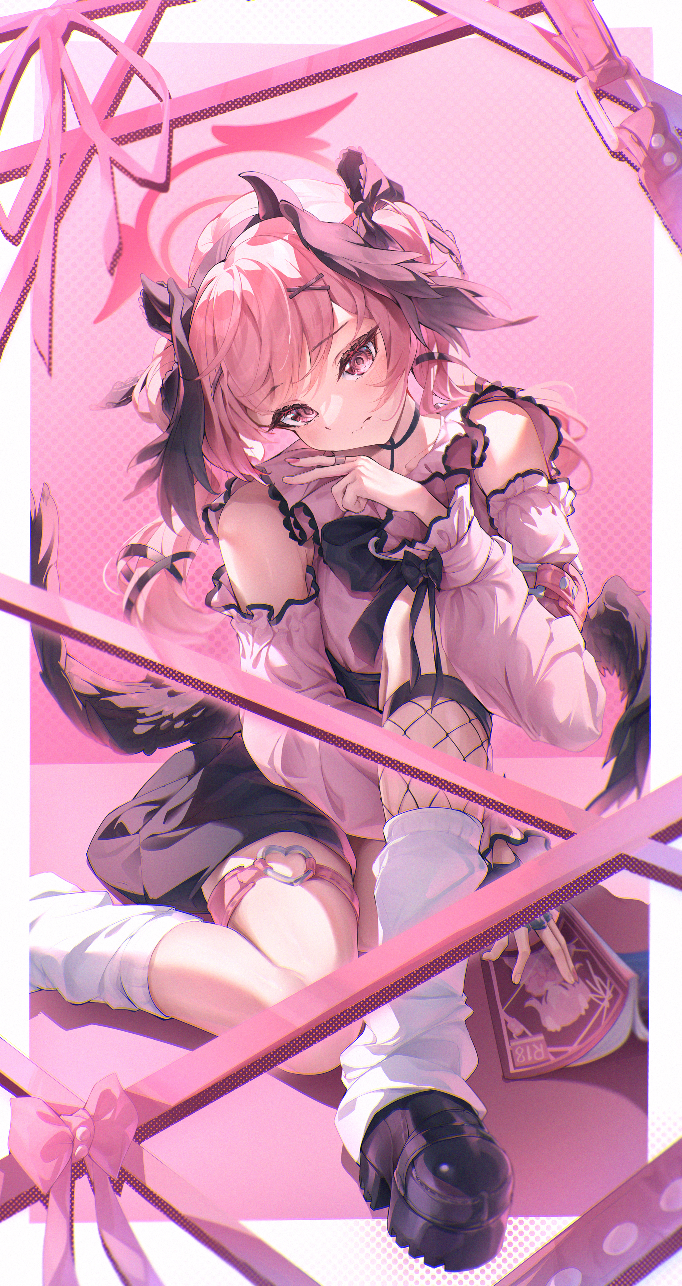 norimori, koharu (blue archive), blue archive, absurdres, highres, 1girl, alternate costume, black bow, black shoes, black skirt, bow, closed mouth, detached sleeves, fishnet socks, fishnets, halo, head wings, heart, heart o-ring, jirai kei, knee up, long sleeves, looking at viewer, o-ring, o-ring thigh strap, pink background, pink eyes, pink hair, pink nails, pink shirt, shirt, shoes, sitting, skirt, socks, solo, thigh strap, white socks, wings