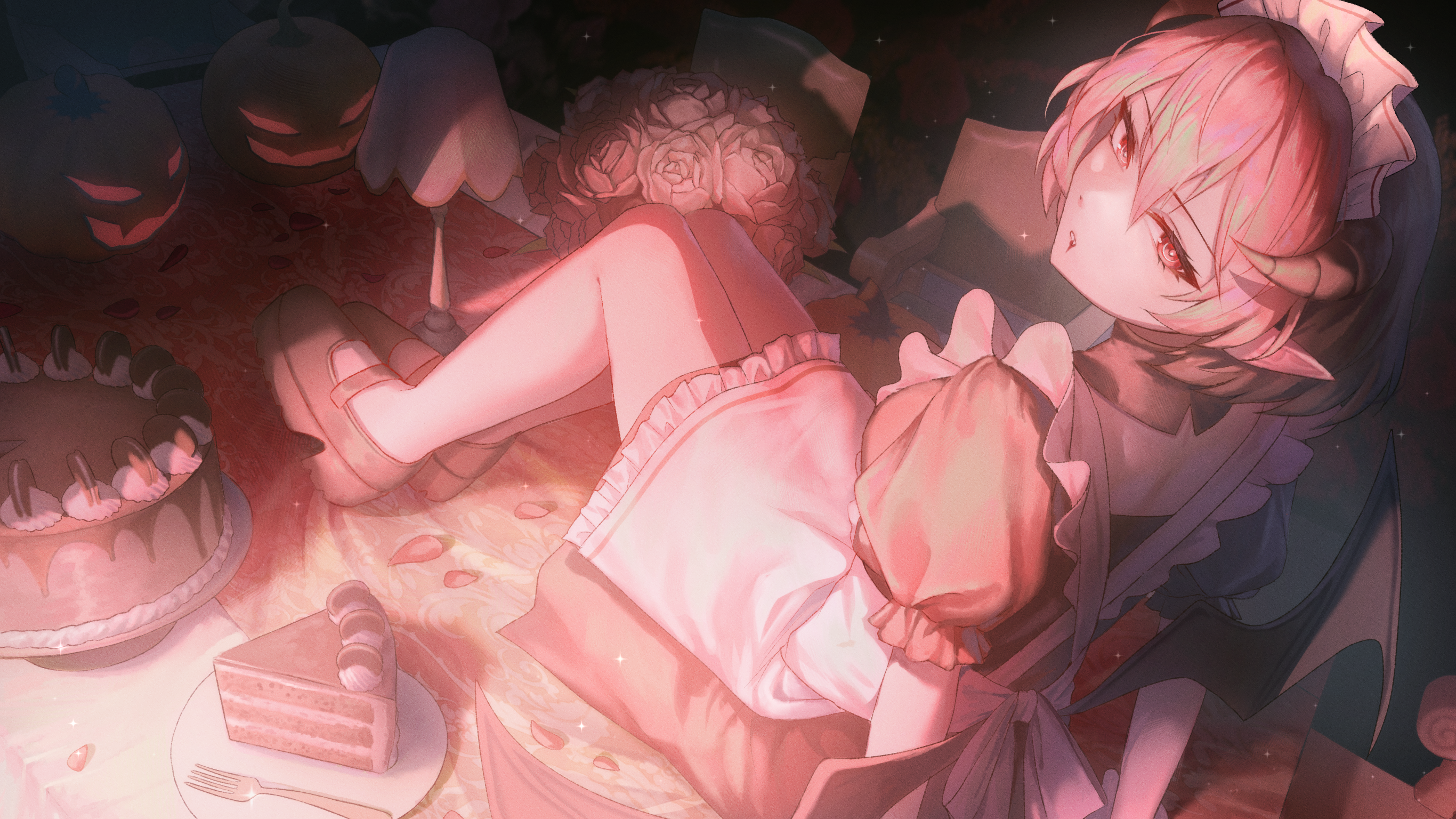 dreamxiety, pippi (osu!), osu!, contest winner, highres, 1girl, alternate costume, apron, arm support, black hair, blood, blood from mouth, breasts, cake, cake slice, colored bangs, dark, demon girl, demon horns, desk lamp, dress, enmaided, flower, food, fork, frilled apron, frills, full body, hair between eyes, horns, jack-o'-lantern, lamp, looking at viewer, looking back, maid, maid apron, medium breasts, multicolored hair, petals, pink eyes, pink hair, plate, pointy ears, puffy short sleeves, puffy sleeves, rose, short dress, short sleeves, sitting, solo, white apron
