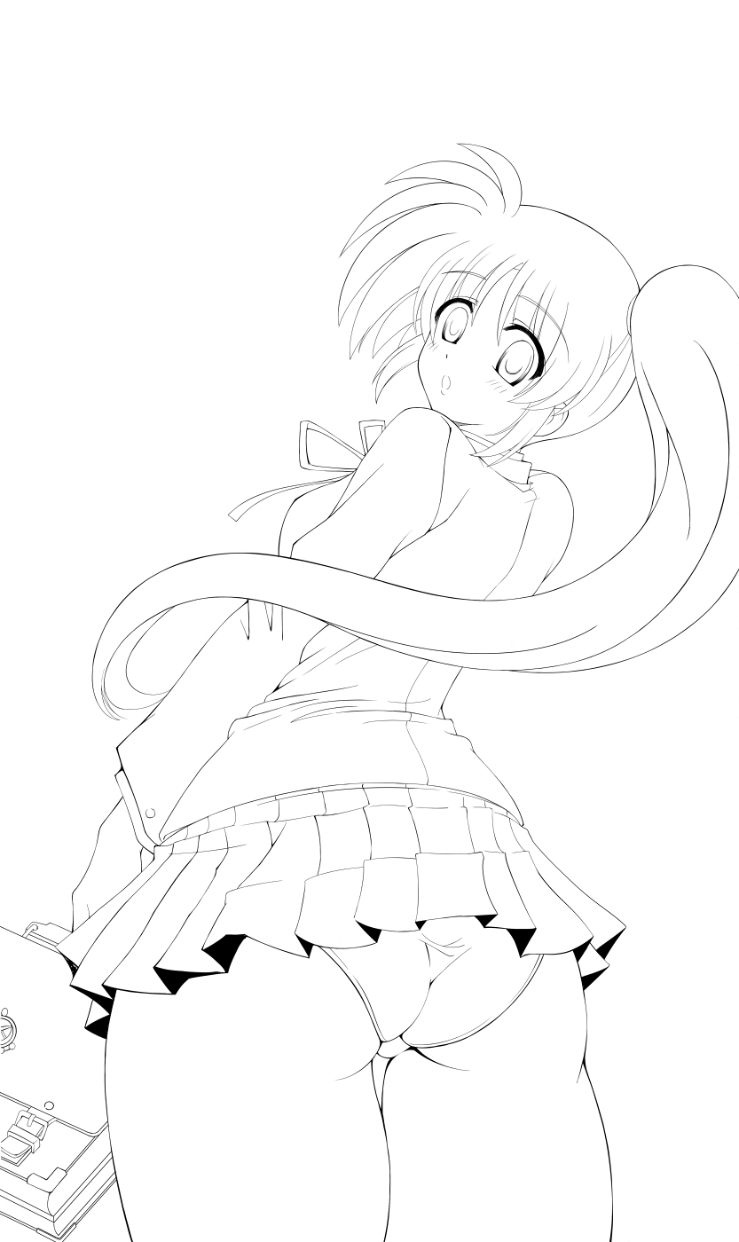 island (kossori), takamachi nanoha, lyrical nanoha, mahou shoujo lyrical nanoha, mahou shoujo lyrical nanoha strikers, highres, 00s, ass, greyscale, monochrome, panties, pantyshot, solo, underwear