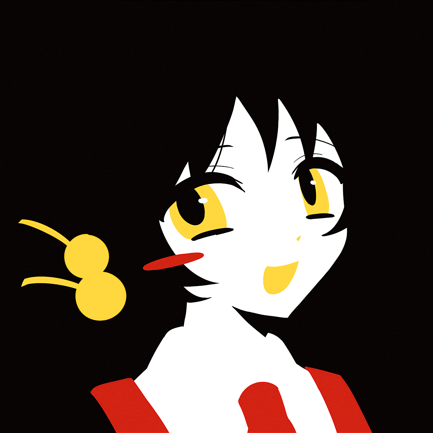 feiwusheng, kaai yuki, vocaloid, chinese commentary, commentary request, highres, 1girl, :d, black background, black hair, blush stickers, collared shirt, colored mouth, colored skin, flat color, hair bobbles, hair ornament, looking at viewer, necktie, no lineart, open mouth, portrait, red necktie, shirt, simple background, single blush sticker, smile, solo, white shirt, white skin, yellow eyes