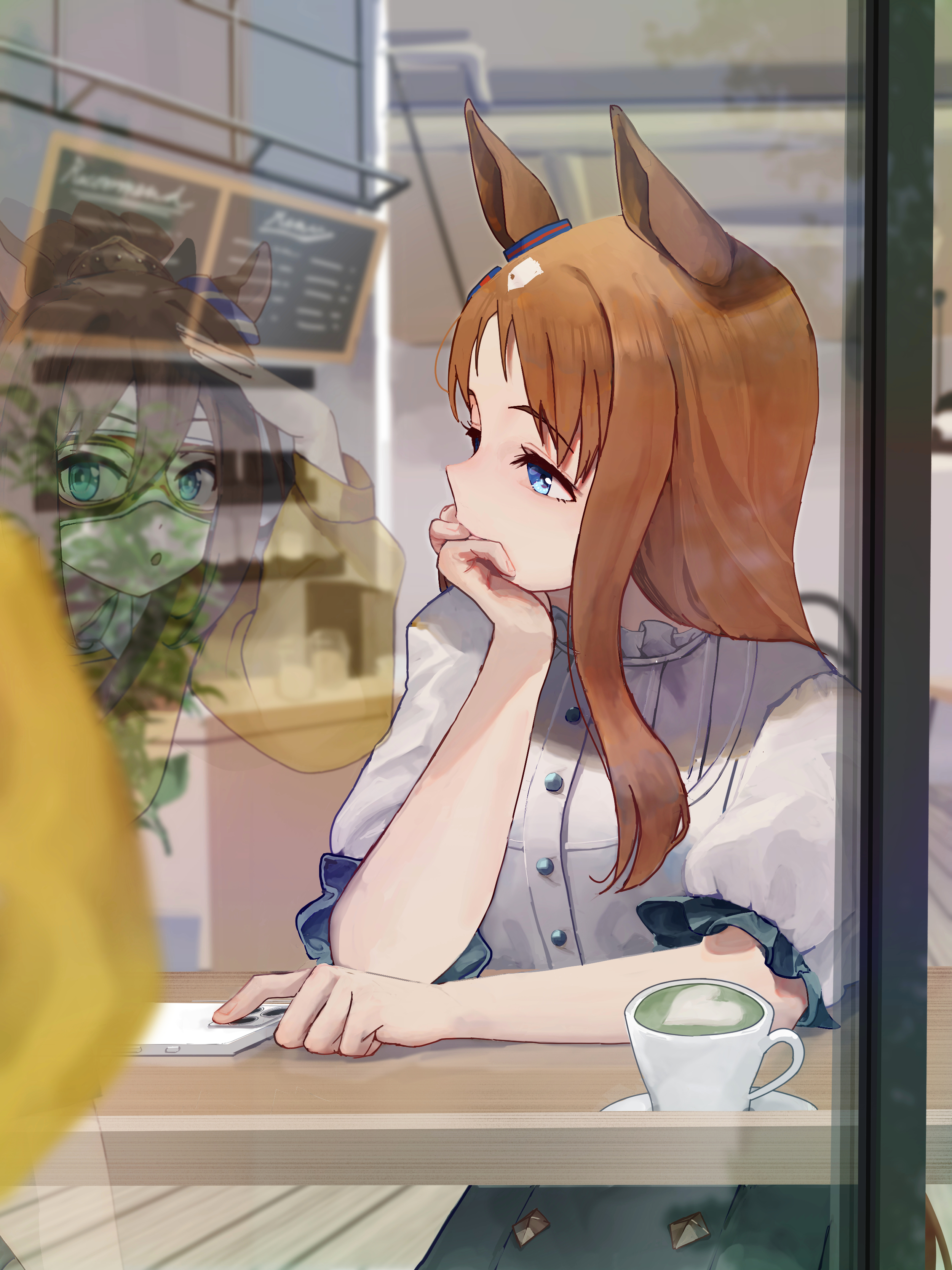 no uwazumi, el condor pasa (umamusume), grass wonder (umamusume), umamusume, absurdres, highres, 2girls, blue eyes, brown hair, cafe, cellphone, center frills, chalkboard, cup, dress, frilled sleeves, frills, green dress, hair ornament, heart, horse girl, jacket, latte art, looking to the side, multiple girls, phone, reflection, saucer, shirt, short sleeves, sitting, smartphone, teacup, white shirt, yellow jacket