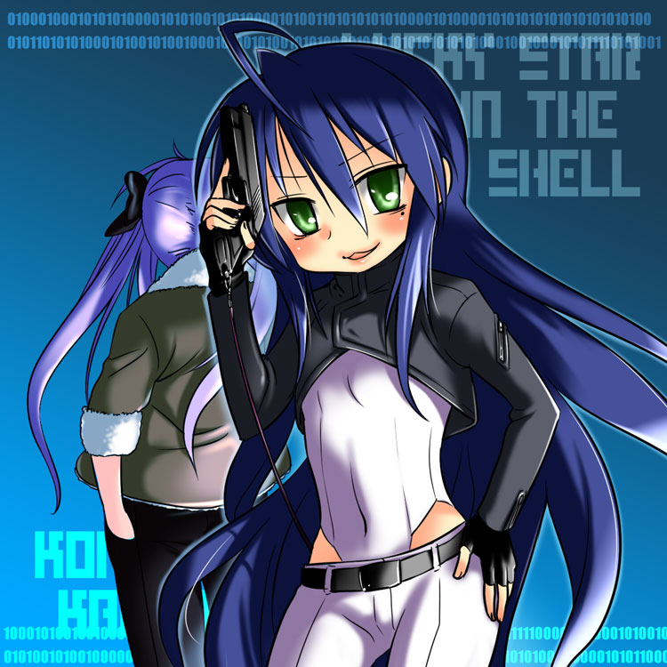 batou (gits), hiiragi kagami, izumi konata, kusanagi motoko, ghost in the shell, ghost in the shell: stand alone complex, lucky star, non-web source, 2girls, ahoge, batou (gits) (cosplay), blue hair, cosplay, crossover, fingerless gloves, gloves, green eyes, gun, kusanagi motoko (cosplay), long hair, mole, mole under eye, multiple girls, weapon