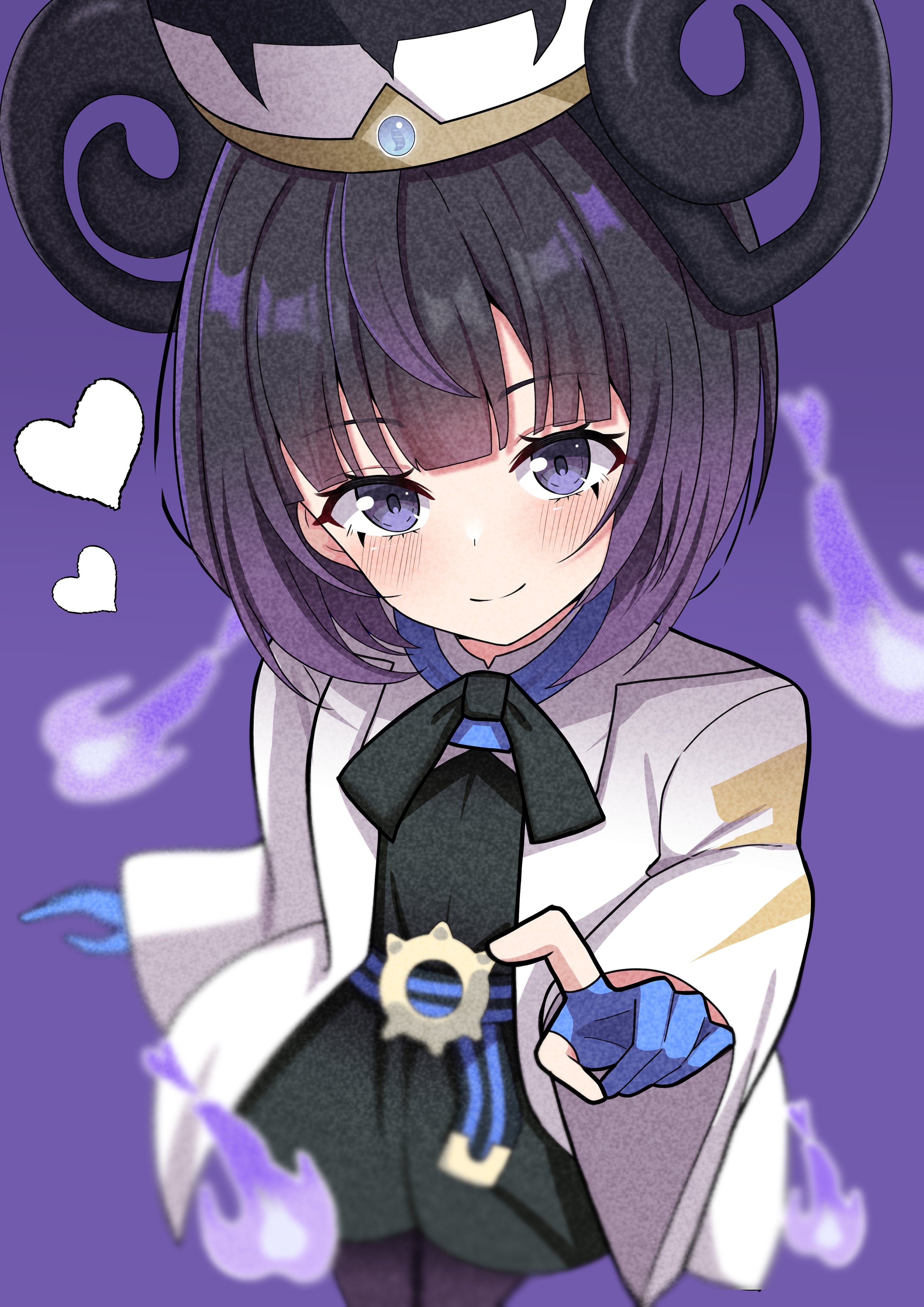 hosinonana, gwynn (pokemon), nintendo, pokemon, pokemon legends: z-a, absurdres, highres, 1girl, black dress, black hair, blue gloves, blunt bangs, blush, bob cut, closed mouth, coat, dress, fire, gloves, gradient hair, hat, heart, long sleeves, looking at viewer, mega stone, multicolored hair, open clothes, open coat, partially fingerless gloves, purple background, purple eyes, purple fire, purple hair, short hair, smile, solo, white coat, wide sleeves