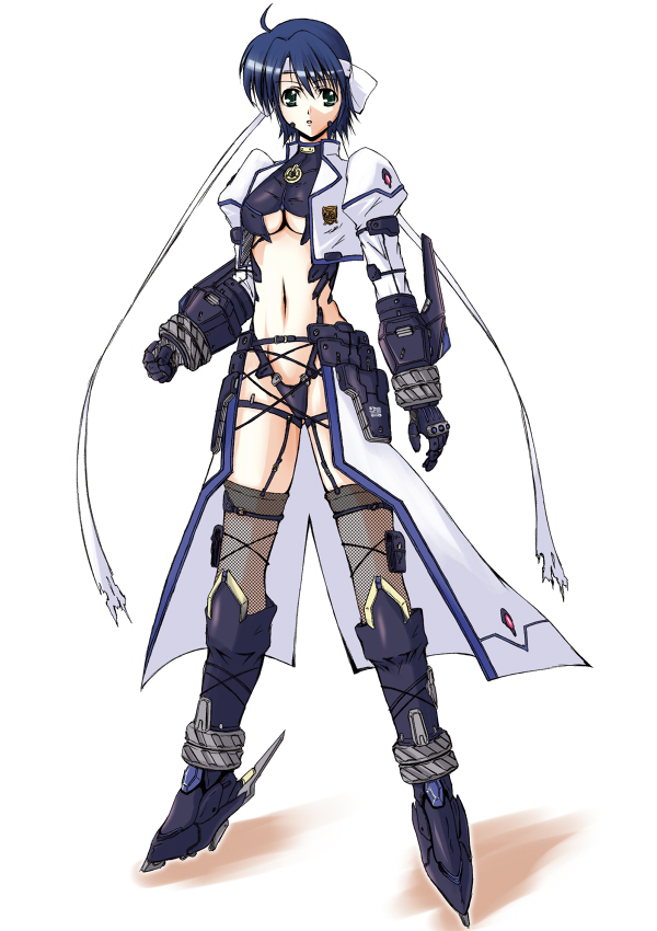 hiiraki, mach caliber, revolver knuckle, subaru nakajima, lyrical nanoha, mahou shoujo lyrical nanoha, mahou shoujo lyrical nanoha strikers, 00s, 1girl, alternate costume, armor, bikini armor, blue eyes, blue hair, breasts, female focus, fishnets, headband, highleg, highleg panties, matching hair/eyes, medium breasts, midriff, navel, panties, simple background, solo, thighhighs, underboob, underwear