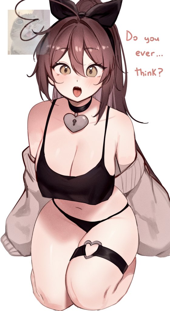 sky above me, sky above me (vtuber), indie virtual youtuber, 1girl, black choker, black panties, black ribbon, black tank top, blush, breasts, brown cardigan, brown eyes, brown hair, cardigan, cat, choker, cleavage, collarbone, fang, hair ribbon, heart, heart-shaped lock, heart collar, heart in eye, heart o-ring, high ponytail, large breasts, long hair, long sleeves, looking at viewer, navel, o-ring, o-ring thigh strap, open mouth, panties, ponytail, ribbon, seiza, simple background, sitting, skin fang, sleeves past fingers, sleeves past wrists, solo, stomach, symbol in eye, tank top, thigh strap, thighs, tongue, tongue out, underwear, virtual youtuber, white background