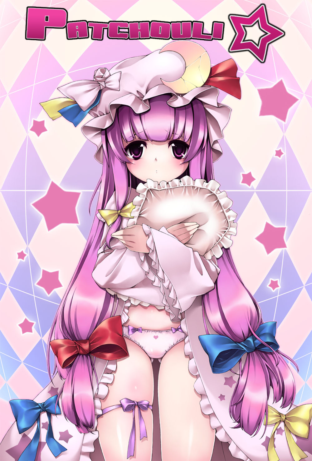 ren san, rensama, patchouli knowledge, touhou, bad id, bad pixiv id, highres, 1girl, crescent, female focus, hat, heart, heart panties, heart print, hugging object, leg ribbon, long hair, panties, pillow, pillow hug, print panties, purple eyes, purple hair, ribbon, solo, star (symbol), star print, thigh ribbon, underwear, very long hair