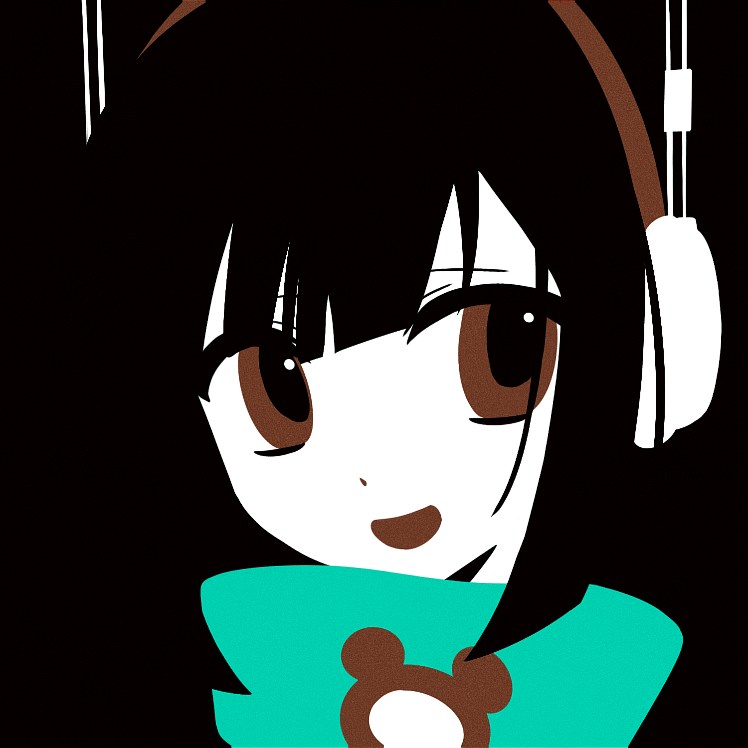 feiwusheng, yumemi nemu (vocaloid), vocaloid, chinese commentary, commentary request, highres, 1girl, :d, aqua sweater, black background, black hair, brown eyes, center-flap bangs, colored skin, flat color, hair between eyes, headphones, looking at viewer, no lineart, open mouth, portrait, sidelocks, simple background, smile, solo, sweater, turtleneck, turtleneck sweater, white skin