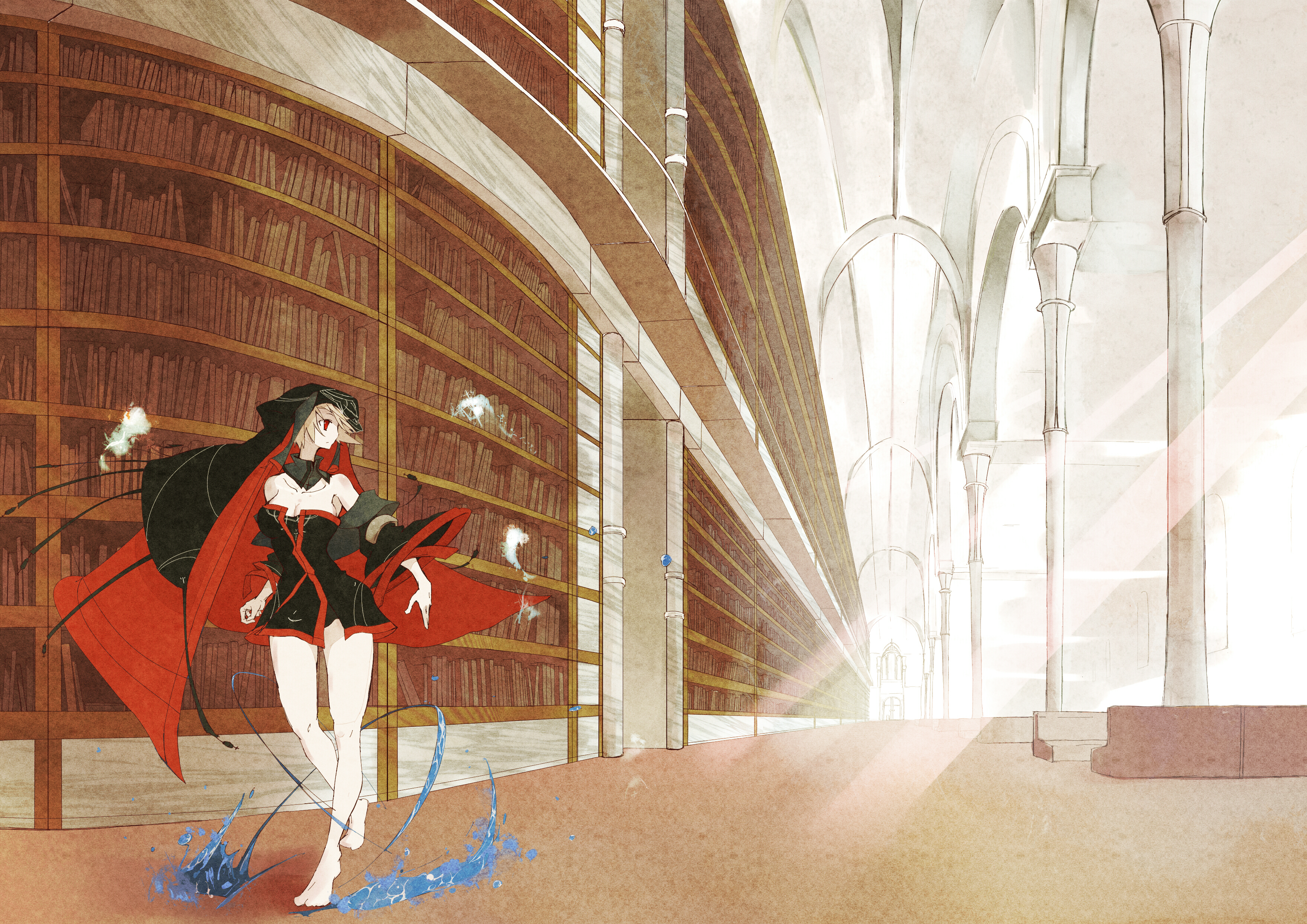 vane (vane0), argus (vane), original, absurdres, bad id, bad pixiv id, highres, 1girl, bare shoulders, barefoot, book, breasts, cleavage, collar, detached collar, detached sleeves, dress, female focus, large breasts, legs, library, looking back, magic, magic circle, panties, pantyshot, red eyes, short hair, solo, underwear, veil, water, white hair