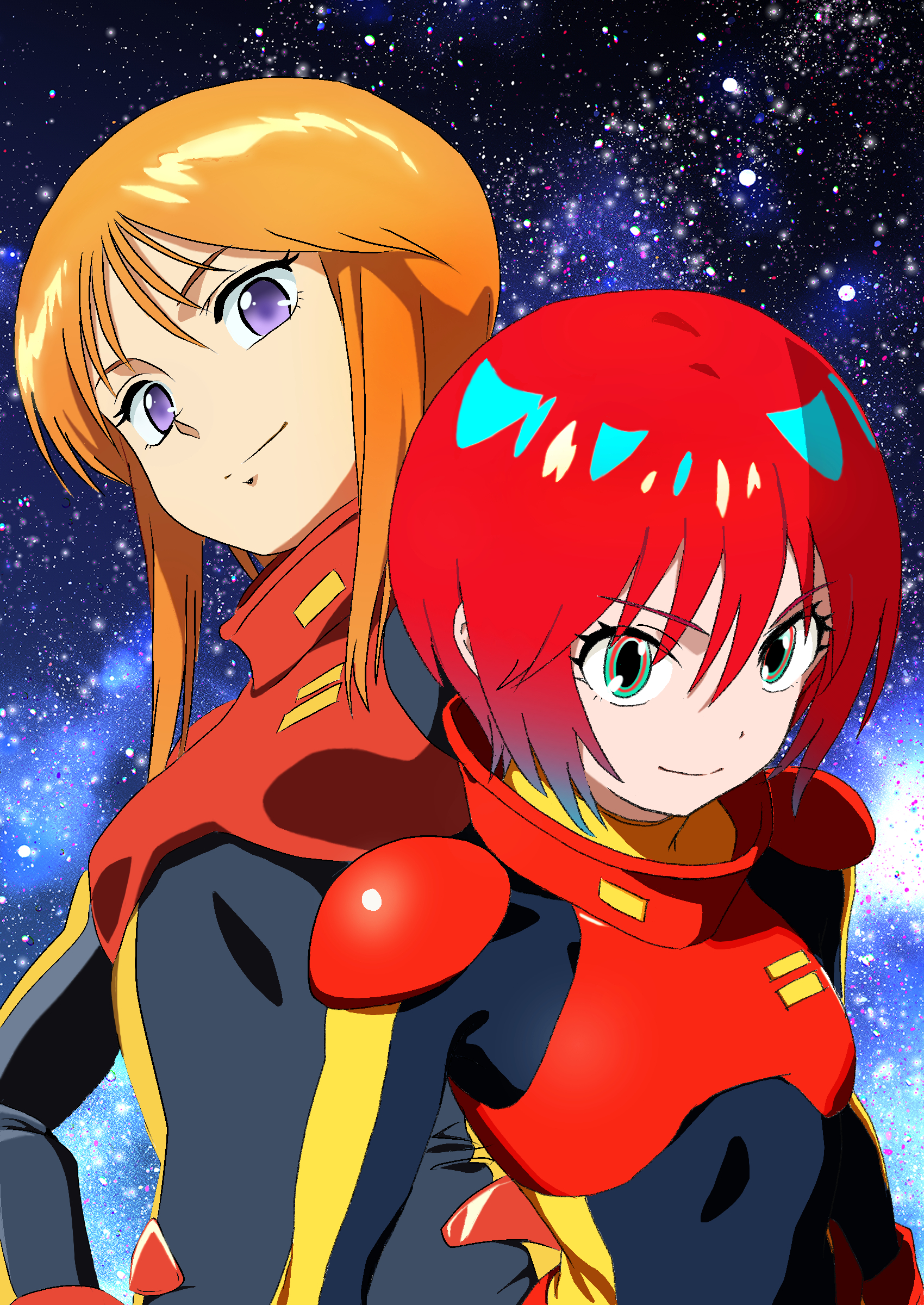 amate yuzuriha, puru two, gundam, gundam gquuuuuux, gundam zz, absurdres, artist request, highres, 2girls, crossover, green eyes, in-franchise crossover, looking at viewer, mecha pilot suit, multiple girls, nebula, neo zeon, orange hair, purple eyes, red hair, science fiction, sky, smile, smirk, space, star (sky), starry sky