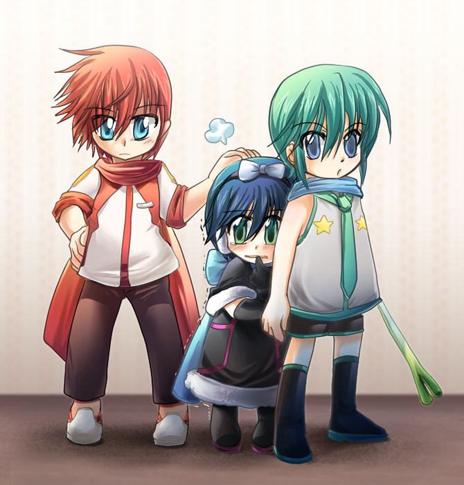 salovesy, akaito, hatsune mikuo, kaiko (vocaloid), vocaloid, 1girl, 2boys, aqua eyes, aqua hair, blue eyes, blue hair, blush, chibi, child, earmuffs, genderswap, genderswap (ftm), genderswap (mtf), hairband, if they mated, multiple boys, necktie, red hair, scarf, short hair, spring onion