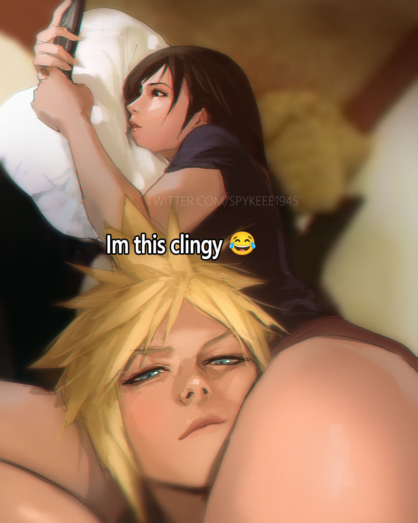 spykeee, cloud strife, tifa lockhart, final fantasy, final fantasy vii, final fantasy vii remake, commentary, english commentary, highres, revision, 1boy, 1girl, black hair, black shirt, blonde hair, blue eyes, blurry, blurry background, couple, crying emoji, emoji, english text, head between thighs, hetero, holding, holding phone, i'm this clingy (meme), indoors, lips, long hair, looking at object, looking at viewer, meme, phone, pillow, red eyes, shirt, short hair, short sleeves, spiked hair, thigh focus, thighs, twitter username