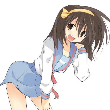hamo (perfect harmony), suzumiya haruhi, suzumiya haruhi no yuuutsu, lowres, 00s, brown eyes, brown hair, school uniform, serafuku, solo