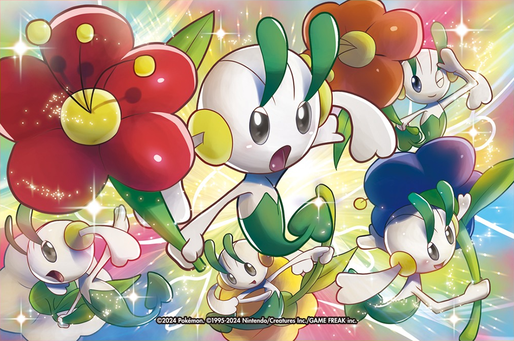 yoshinob eske, floette, floette (blue flower), floette (orange flower), floette (red flower), floette (white flower), floette (yellow flower), nintendo, pokemon, pokemon tcg, official art, third-party source, blue flower, closed mouth, company name, copyright name, copyright notice, flower, gen 6 pokemon, holding, holding flower, one eye closed, open mouth, orange flower, pokemon (creature), pokemon focus, red flower, smile, sparkle, white flower, yellow flower