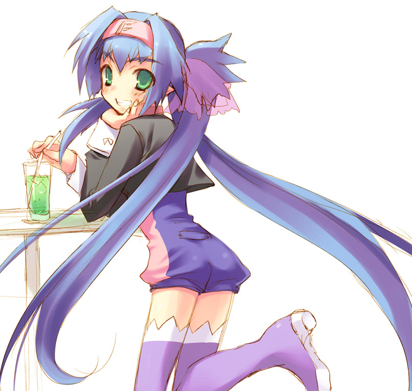 toranosuke, klan klein, meltrandi, macross, macross frontier, 00s, 1girl, ass, blue hair, blush, boots, crop top, cup, drink, drinking glass, drinking straw, female focus, from side, green eyes, grin, head rest, headband, high heel boots, high heels, leg up, long hair, long sleeves, looking at viewer, looking back, military, military uniform, pointy ears, purple boots, purple thighhighs, quad tails, ribbon, s.m.s., see-through clothes, simple background, sketch, sleeve cuffs, smile, solo, table, thick eyebrows, thighhighs, twintails, unitard, very long hair, white background