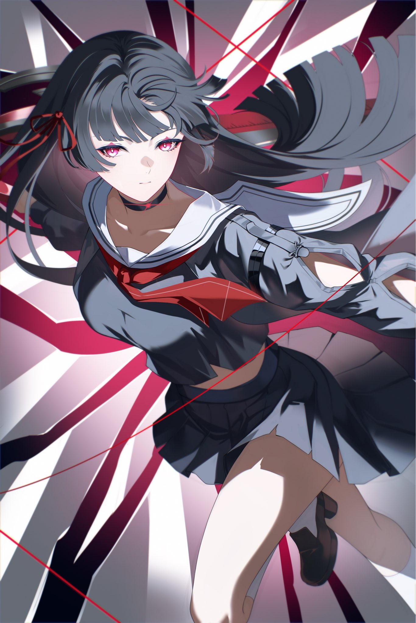 i a n, chisa (wuthering waves), wuthering waves, commentary, hashtag-only commentary, highres, 1girl, arm cutout, black choker, black hair, black shirt, black skirt, breasts, choker, closed mouth, clothing cutout, collarbone, hair ribbon, large breasts, long hair, long sleeves, looking at viewer, neckerchief, red eyes, red neckerchief, red ribbon, ribbon, sailor collar, shirt, skirt, solo, thighs, white sailor collar
