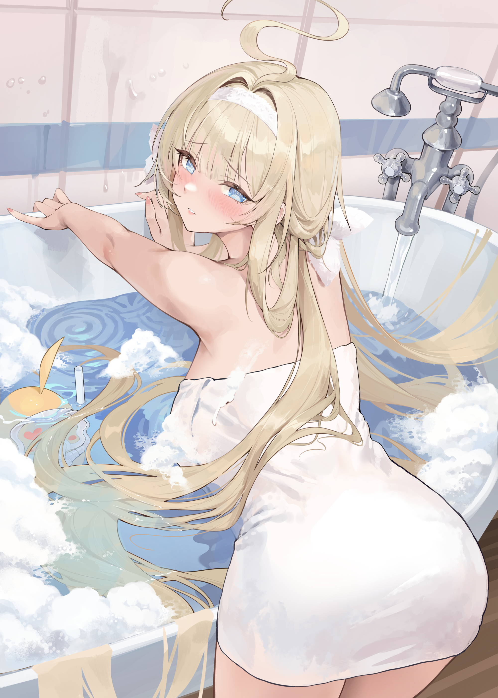 janload1ng, massena (azur lane), massena (sweetly intoxicating spring) (azur lane), azur lane, absurdres, commentary request, highres, 1girl, @ @, ahoge, ass, bathtub, bent over, blonde hair, blue eyes, blush, breasts, from behind, hair intakes, hairband, large breasts, long hair, looking at viewer, looking back, naked towel, official alternate costume, soap bubbles, solo, thighs, towel, water, white hairband