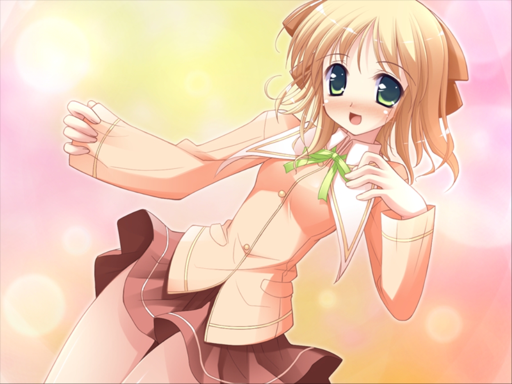 ko~cha, kohinata sumomo, happiness!, game cg, non-web source, resized, 00s, 1girl, blonde hair, blush, dutch angle, female focus, gradient background, green eyes, jumping, school uniform, short hair, skirt, solo