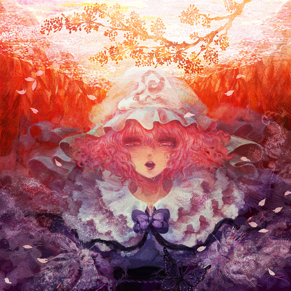 takatora, saigyouji yuyuko, touhou, 1girl, bug, butterfly, female focus, hat, pink hair, plant, solo, tears, upper body