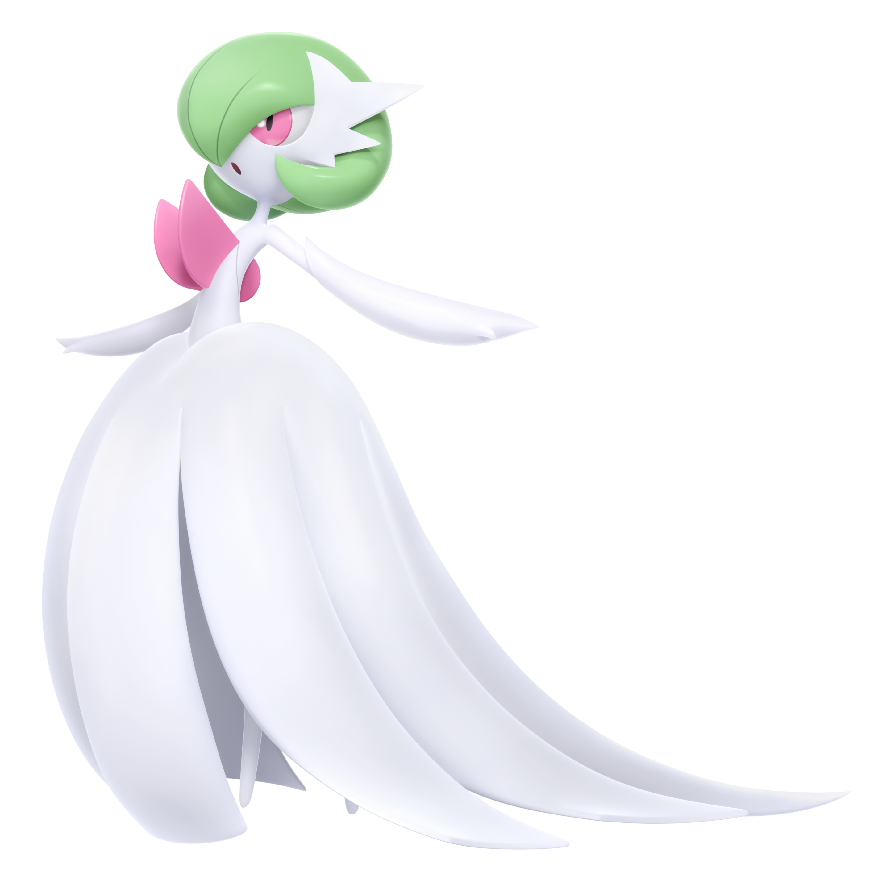 gardevoir, mega gardevoir, nintendo, pokemon, pokemon legends: z-a, absurdres, artist request, highres, official art, third-party source, 3d, dress, full body, gen 3 pokemon, mega pokemon, open mouth, pink eyes, pokemon (creature), pokemon focus, transparent background, white dress