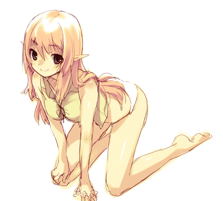 toranosuke, barefoot, blonde hair, brown eyes, elf, panties, pointy ears, sketch, smile, solo, thighs, underwear