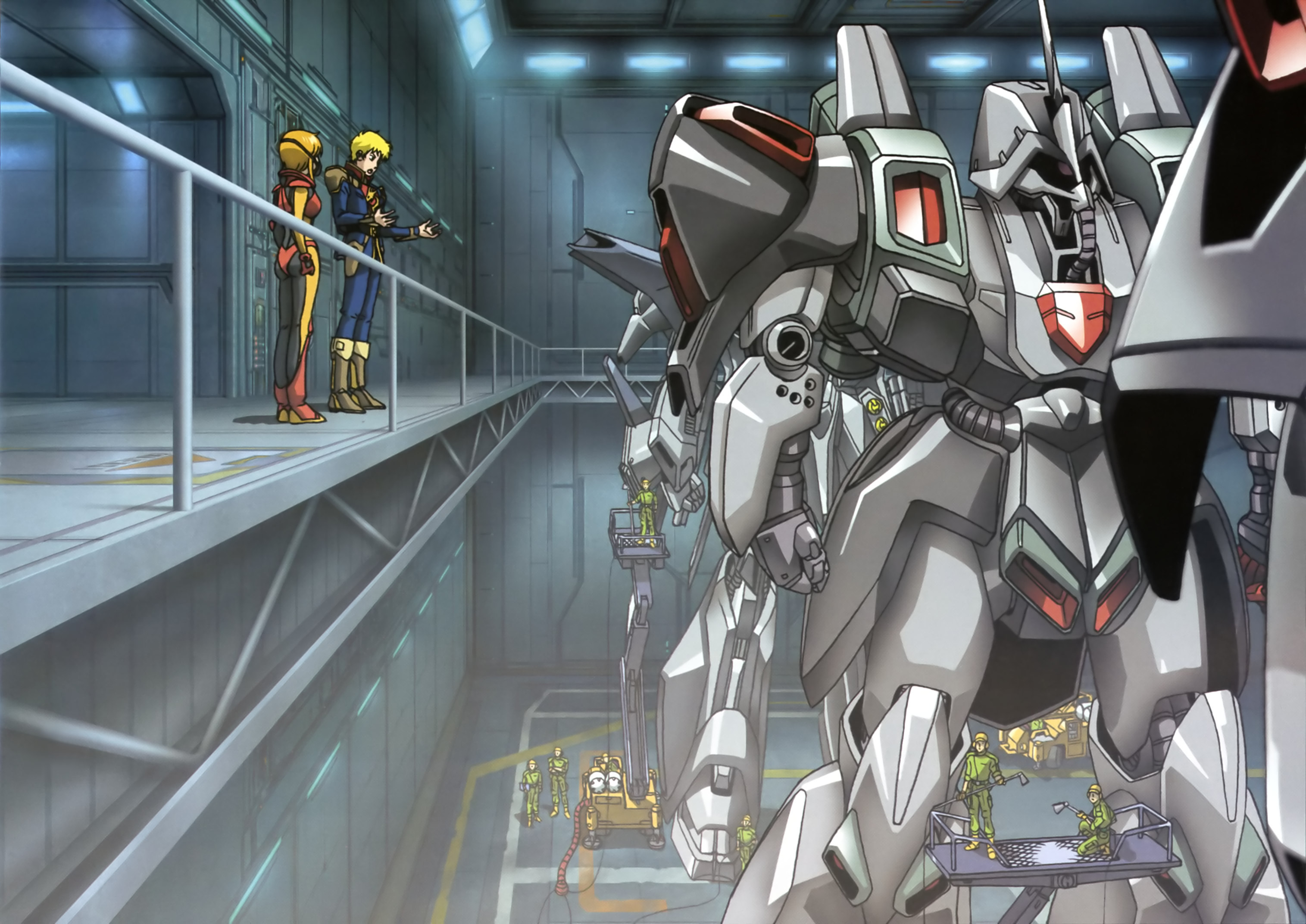 galluss-j, glemy toto, puru two, gundam, gundam zz, artist request, highres, official art, scan, tagme, 1girl, 6+boys, blonde hair, cable, gundam perfect file, hangar, machinery, mask, mecha, mecha pilot suit, military uniform, mobile suit, mouth mask, multiple boys, neo zeon, orange hair, robot, scene reference, science fiction, spacecraft interior, talking