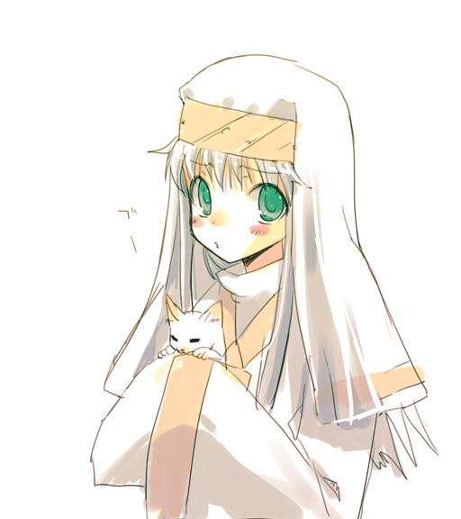 toranosuke, index (toaru majutsu no index), sphinx (toaru majutsu no index), toaru majutsu no index, 00s, blush, cat, green eyes, nun, solo, white hair