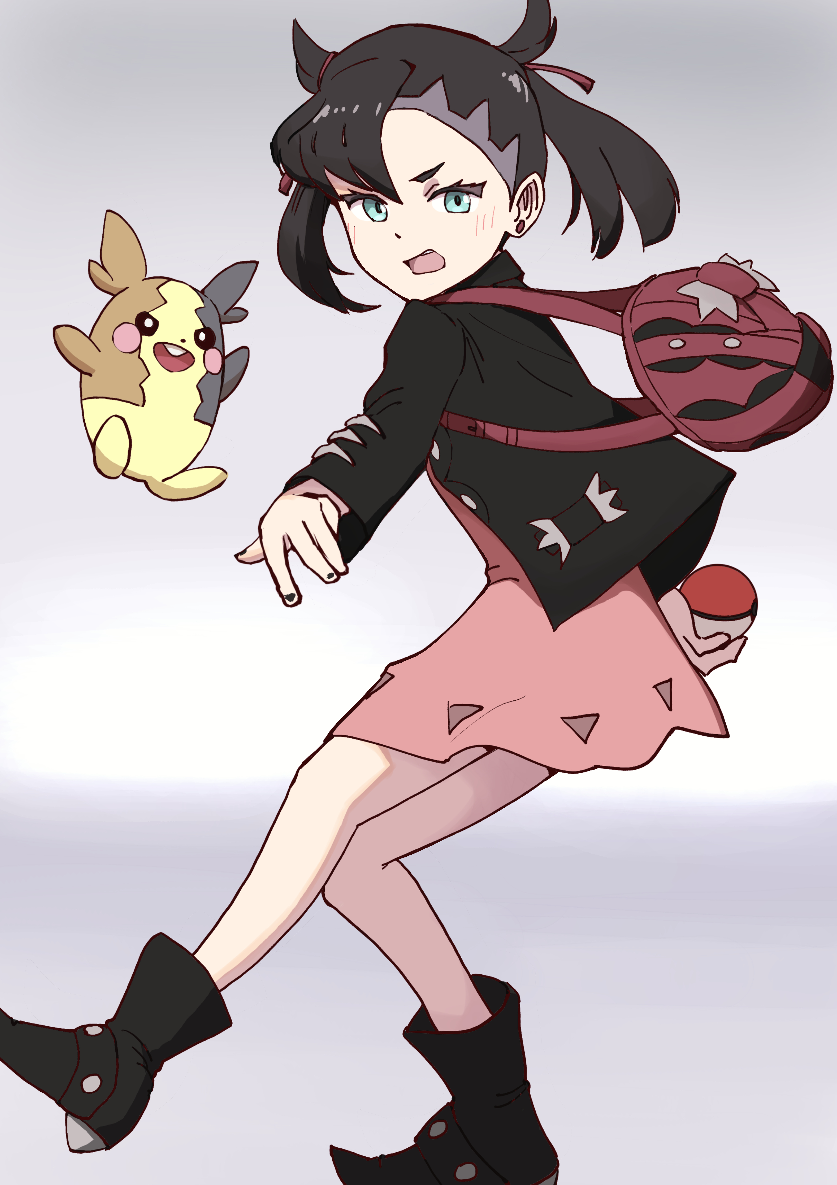 haldeco, marnie (pokemon), morpeko, morpeko (full), nintendo, pokemon, pokemon swsh, absurdres, highres, 1girl, asymmetrical bangs, backpack, bag, black boots, black hair, black jacket, black nails, blush, boots, dress, earrings, full body, gen 8 pokemon, green eyes, hair ribbon, holding, holding poke ball, jacket, jewelry, open mouth, pink dress, poke ball, poke ball (basic), pokemon (creature), ribbon, stud earrings, throwing, twintails, undercut, v-shaped eyebrows