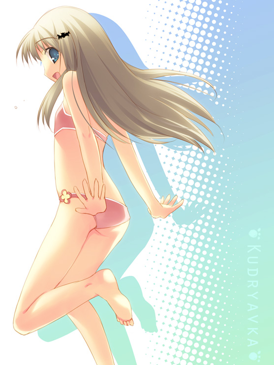 toranosuke, noumi kudryavka, little busters!, barefoot, bikini, blonde hair, blue eyes, feet, flat chest, hair ornament, hairclip, long hair, smile, solo, swimsuit