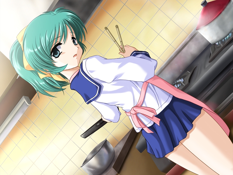 amasaki imari, shiroi hebi no yoru, non-web source, 1girl, apron, chopsticks, cooking, dutch angle, female focus, green eyes, green hair, kitchen, looking back, matching hair/eyes, ponytail, school uniform, serafuku, short hair, solo